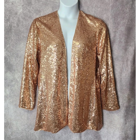 Torrid Women‎ 1/1X Rose Gold Sequin Mesh Open Front Duster GLAM Jacket Lined - Picture 1 of 9